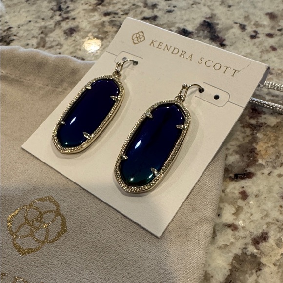 Retired Kendra Scott Iridescent Mystic Blue and Gold Drop Elle Earrings - Picture 2 of 6